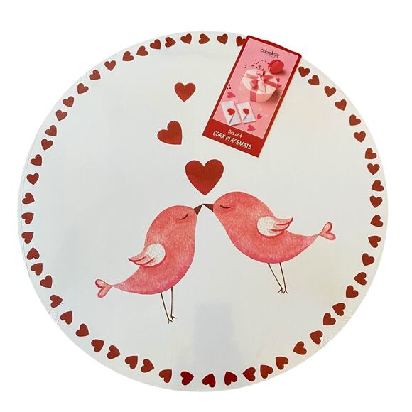 Valentine LOVE BIRDS 15” Round Cork Backed Hard Placemats Set of 4 NEW - Picture 1 of 11